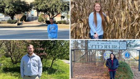 Four-photo collage with portraits of four UNC-Chapel Hill students: Laegan Pittman standing in a cornfield; Ja'Khari Bryant standing across the street from a courthouse; Daisey Samayoa standing in front of a fence and a sign reading 